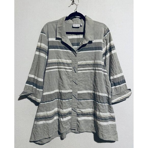 Habitat Top Womens Large Gray Sand Striped Toggle Buttons Tunic Gauzy Lagenlook - Picture 1 of 8